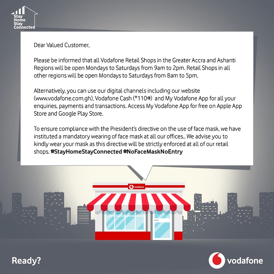TelecelGhana's tweet image. Dear Valued Customer,
 
Please be informed that all Vodafone Retail Shops in the Greater Accra and Ashanti Regions will be open Mondays to Saturdays from 9am to 2pm. Retail Shops in all other regions will be open Mondays to Saturdays from 8am to 5pm (1)
