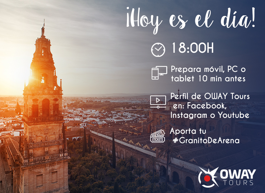 OWAYTours's tweet photo. ¡Hoy es el día! Os esperamos hoy a las 18h para disfrutar de nuestro #TourSolidarioVirtual a favor de #BancoDeAlimentosDeCórdoba  #Youtube
#todosporcordoba #migranitodearena #espíritusolidario #OWAYTours #MezquitaCatedral #Tourvirtual https://t.co/2xt8kmi6zz