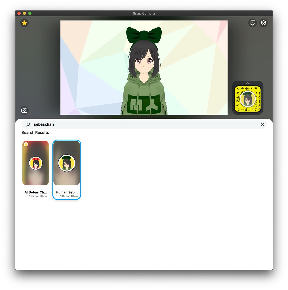 SebasAi's tweet photo. Snap Camera用でわたしAIセバスちゃんになれるフィルタ公開します！
Snap Cameraの検索欄で
「sebaschan」
と検索すると出ます。
AIバージョンと人間バージョンがあります。
リモートワークのWeb会議やZoom飲みなどでぜひご活用ください！！！
#StayHome #うちで過ごそう https://t.co/8SvB03x9Cl