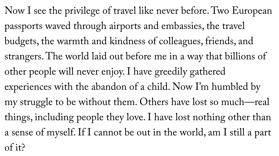 emilyrs's tweet photo. Lovely @NewYorker piece from a Beirut-based correspondent that resonated with me—both the real sense of loss when one can't travel and report on the world, and the acknowledgment that many have lost far more: https://t.co/fCoSVKlP4z https://t.co/vtlswxM9ZS