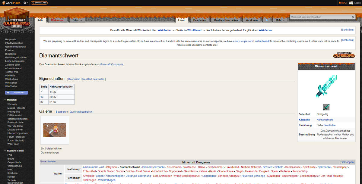Wir werden jetzt auch alle Inhalte aus #MinecraftDungeons bei uns im #Minecraft Wiki dokumentieren! Sogar mit eigenem Skin und Logo! Mehr dazu auf der Projektseite: minecraft-de.gamepedia.com/Minecraft_Wiki…
