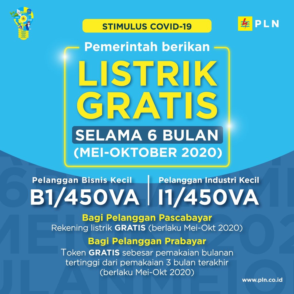 _pln_id's tweet photo. Hai Electrizen, Ada kabar gembira untuk Pelanggan Bisnis Kecil (B1/450VA) dan Industri Kecil (I1/450VA) karena akan mendapatkan LISTRIK GRATIS selama 6 Bulan dari Pemerintah.
#TransformasiPLN #PLNAtasiCorona #ListrikGratis #StimulusCOVID19 https://t.co/7YKeuWRNGB