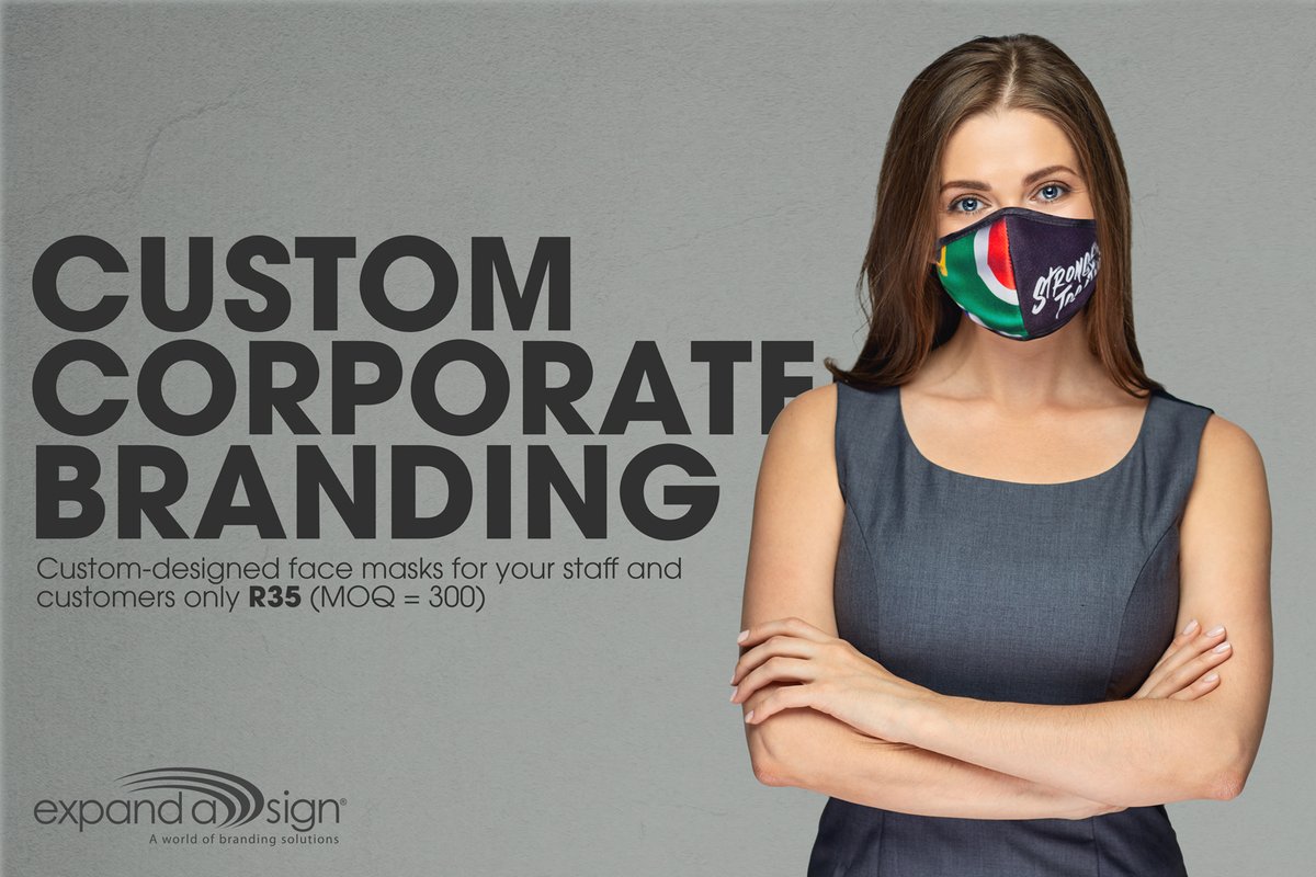 ExpandaSign's tweet photo. Custom corporate branding available on quantities over 300. Only R35 each ex VAT and delivery.

Contact us for your corporate face mask requirements https://t.co/U8co3Qpxtf

#masks4all #coronavirus #corporatebranding #southafrica https://t.co/IVavNgTfSY