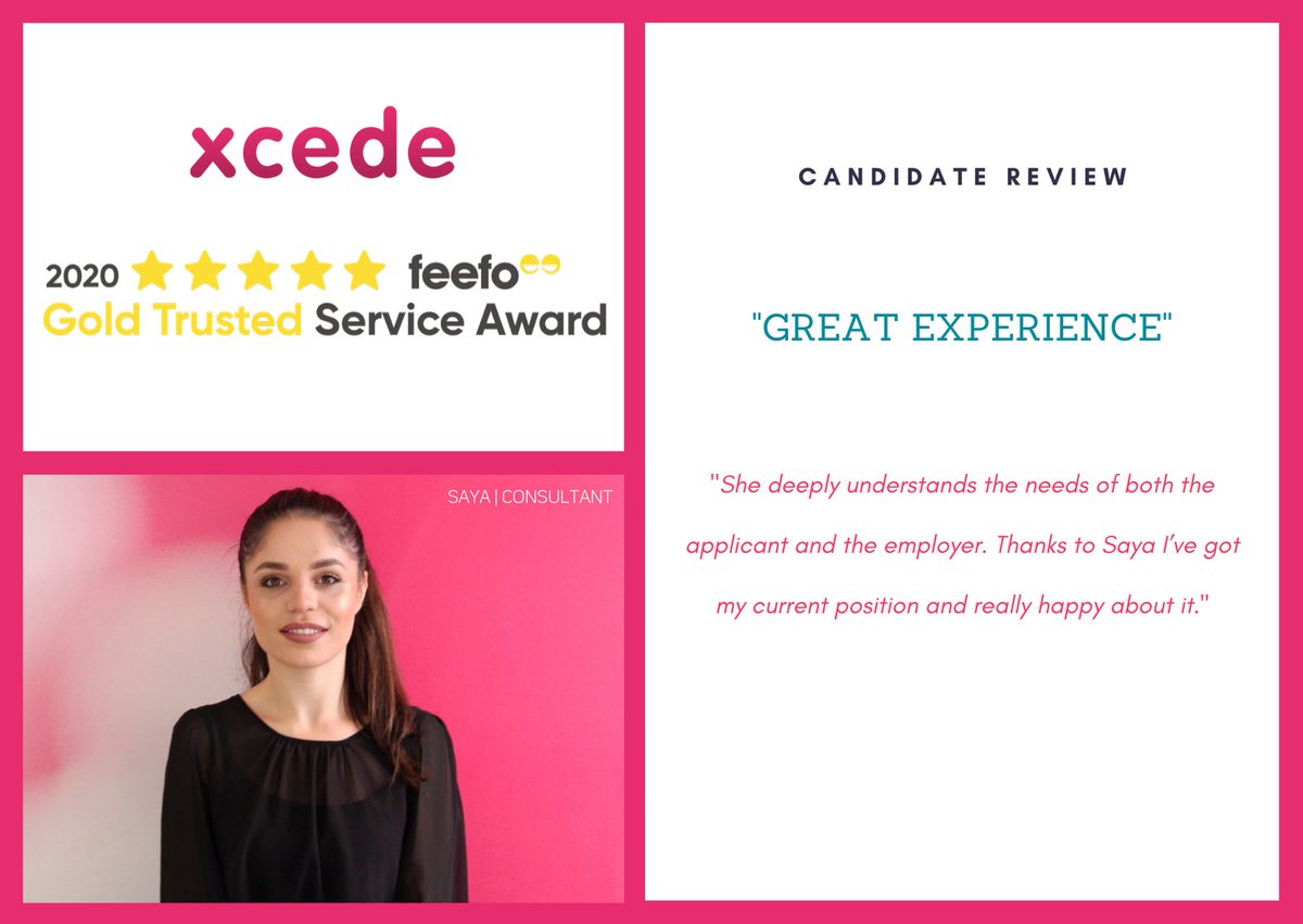 XcedeTech's tweet photo. It's #FeefoFriday and we wanted to take this opportunity to give a shout out to Saya Ibrahim for this recent candidate review. Well done Saya! #reviews #candidateexperience @Feefo_Official https://t.co/x3VNJ8TL5Y