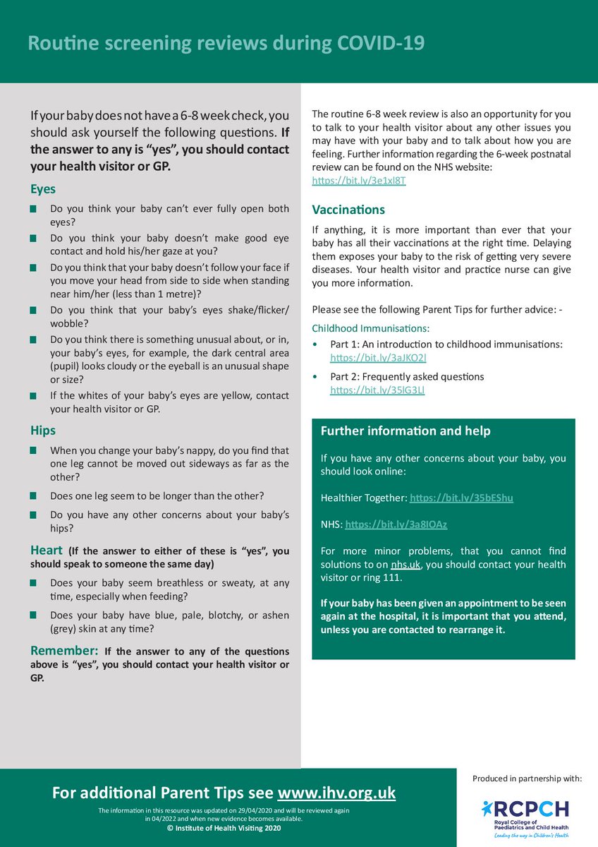 RCPCHtweets's tweet photo. Parents and carers: In case you've been unable to attend your baby's 6-8 week check because of COVID-19, we've put together some simple signs to look out for 👉 https://t.co/HReiG0Nhq0 @iHealthVisiting #paediatrics https://t.co/ucBN3NkWi3
