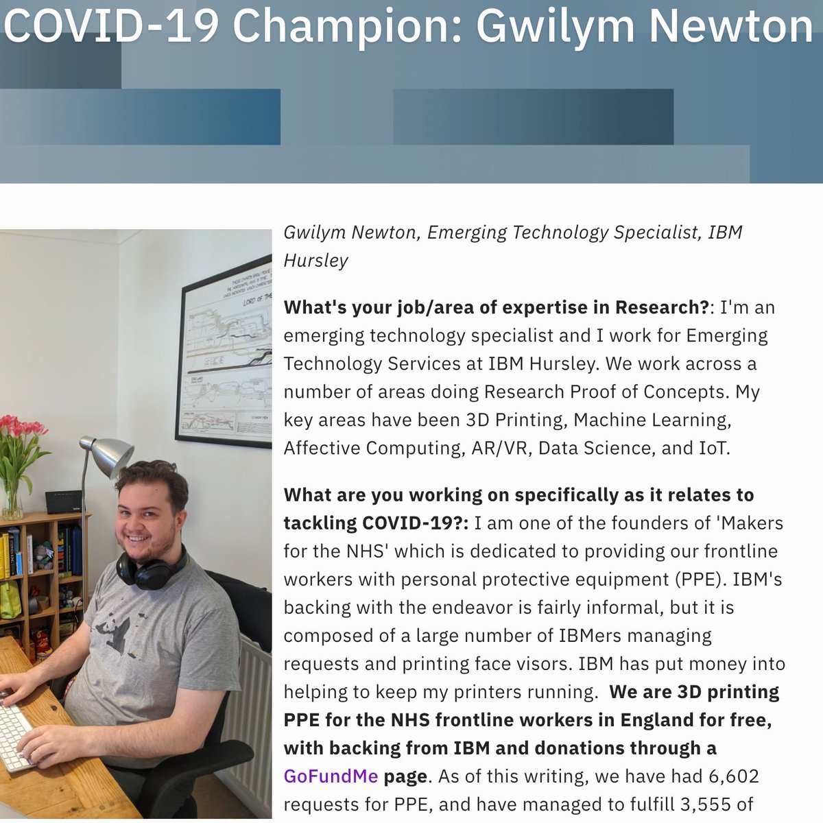 It was amazing to be one chosen as of IBM Covid-19 champions. But this is a team effort, <a href="/Makers4TheNHS/">Makers4TheNHS</a> is a huge team of people all printing, and assembling all day long. If can please come and help us ! 
> Print
> Donate
> Spread the word!