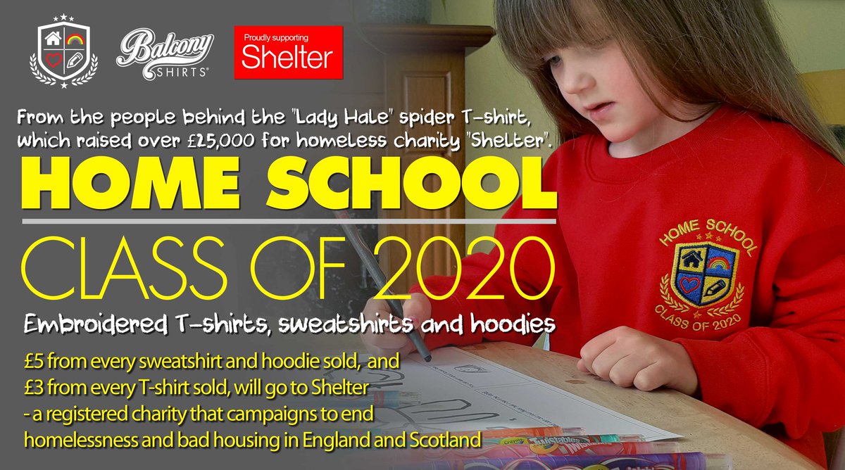 balconyshirts's tweet photo. TODAY! We are SO excited to have teamed up with our good friends at @Shelter, to get our business back on the road, and do some good! Home School - Class of 2020 - jumpers and tees, limited first run available NOW! Full story on https://t.co/XT1kVhWl7t https://t.co/PpaYBRWPWt