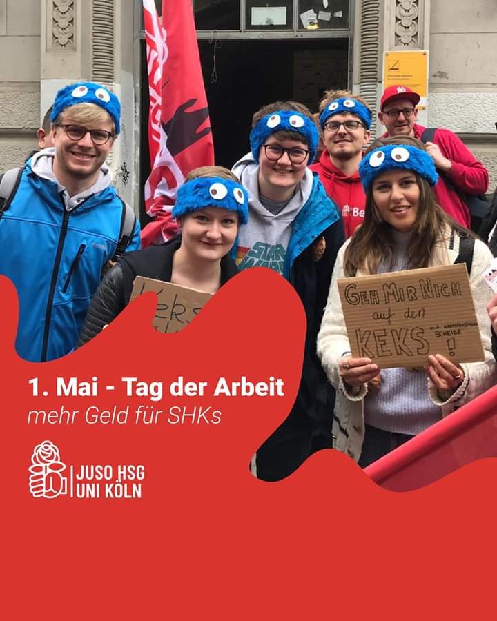 Und da wir heute in Forderlaune sind, haben wir auch eine Forderung anlässlich des 1. Mai an die <a href="/UniCologne/">Universität zu Köln</a>:

Zahlt den Studentischen Hilfskräften endlich einen fairen Lohn!

Mehr Infos dazu findet ihr hier:

juso-hsg.uni-koeln.de/2020/05/mehr-g…

#Hilfskräfte #TVStud <a href="/GEWStudis/">GEW Studis</a>
