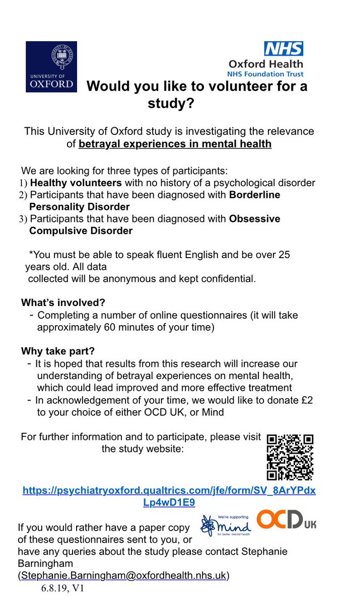 Final week of recruitment.  If interested, please visit  psychiatryoxford.qualtrics.com/jfe/form/SV_8A………

#OCD #BPD #mentalhealth #research

We are extremely grateful for those who have taken part in so far! Thank you 😀

<a href="/psalkovskis/">Paul Salkovskis</a>