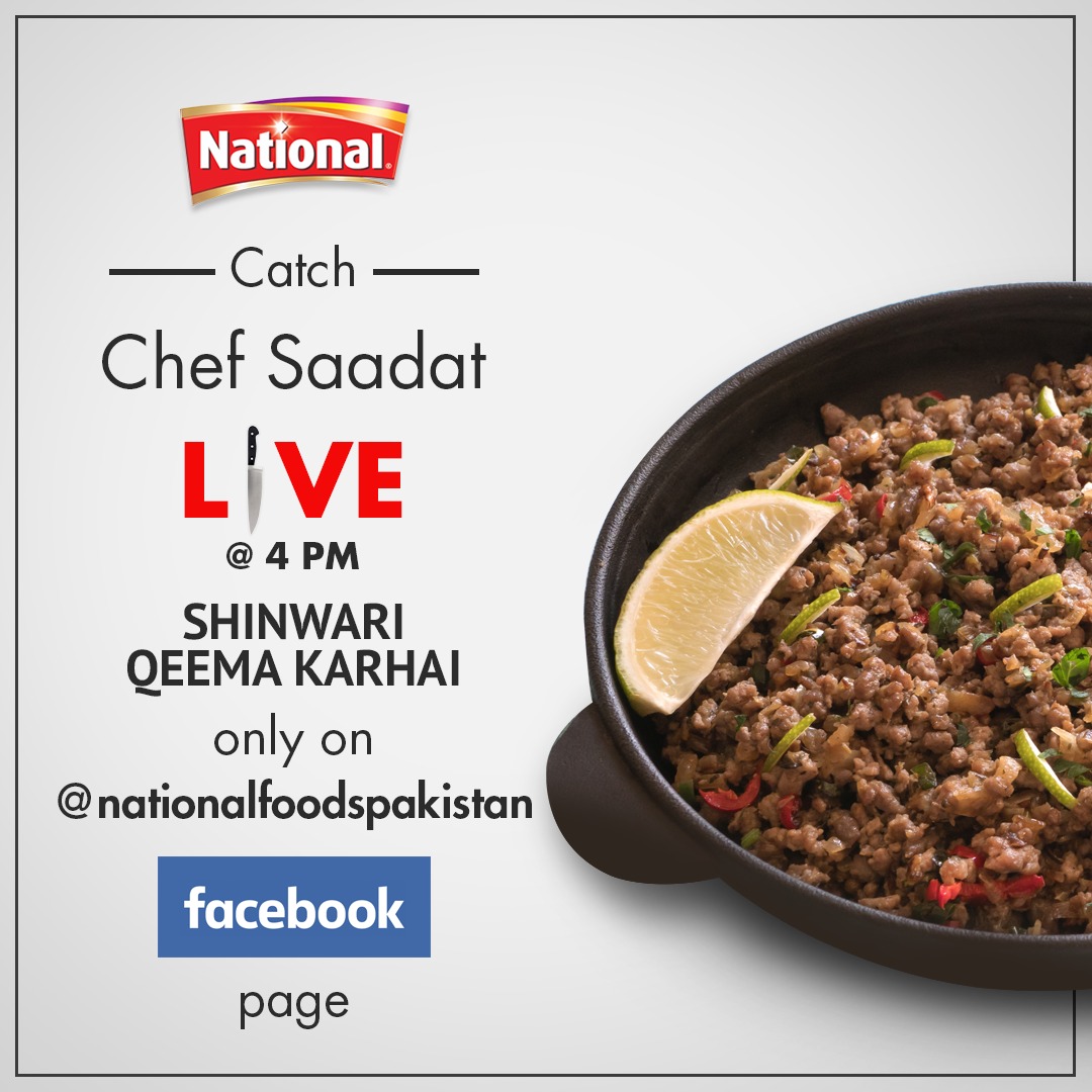 NationalFoodLtd's tweet photo. On todayโs menu: Shinwari Qeema Karhai! Donโt forget to catch Chef Saadat LIVE today as he teaches us how to make this delectable dish at home!
#CookFromHome #QuarantineAndCook #CookWithNational #CookWithChefSaadat #NayeZaiqayHarRoz https://t.co/goNwhmipkR