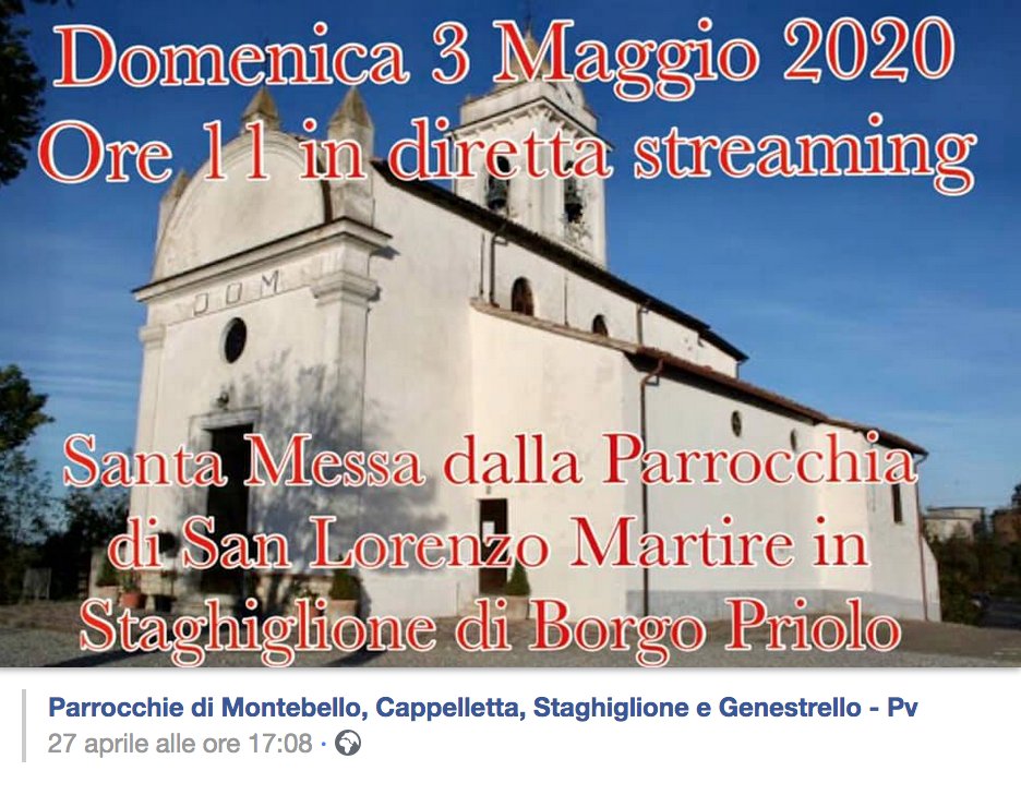 Mumbel_AssC's tweet photo. 🔵 DOMENICA 3 MAGGIO ORE 11.00 - MESSA IN DIRETTA STREAMING SULLA PAGINA FACEBOOK UFFICIALE DELLE PARROCCHIE DI MONTEBELLO, CAPPELLETTA, STAGHIGLIONE E GENESTRELLO.

#Mumbel #MumbelAssociazione #Montebello #MontebelloDellaBattaglia #Pavia #Oltrepo #OltrepoPavese #ProvinciaPavese https://t.co/9yQ449xKEb