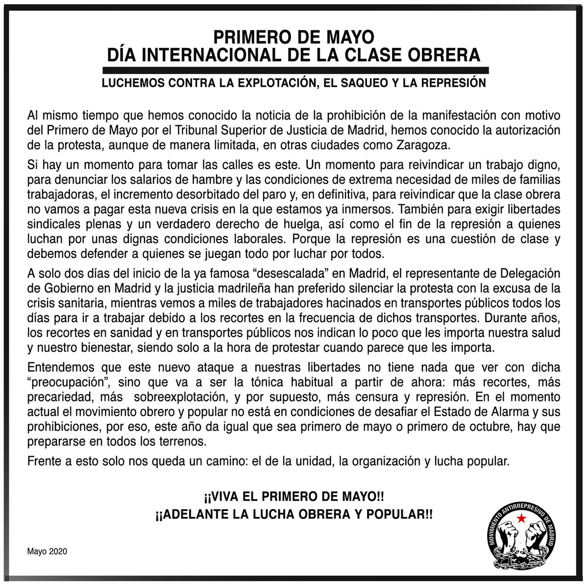 Hoy, 1 de mayo, queremos recordar que la represión es una cuestión de clase.

Entre los derechos y libertades democráticas que el Estado español nos niega, resaltan el derecho al trabajo, de huelga o las libertades sindicales.

¡Viva el primero de mayo!
