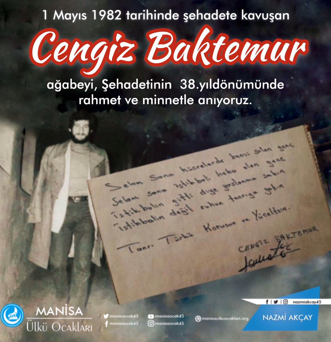Zulmün kalelerini sallayan bir yiğit,  ölümü darağacında öldüren bir şehit. Şehadetinin sene-i devriyesinde rahmet ve minnetle anıyorum. Mekanı cennet olsun.