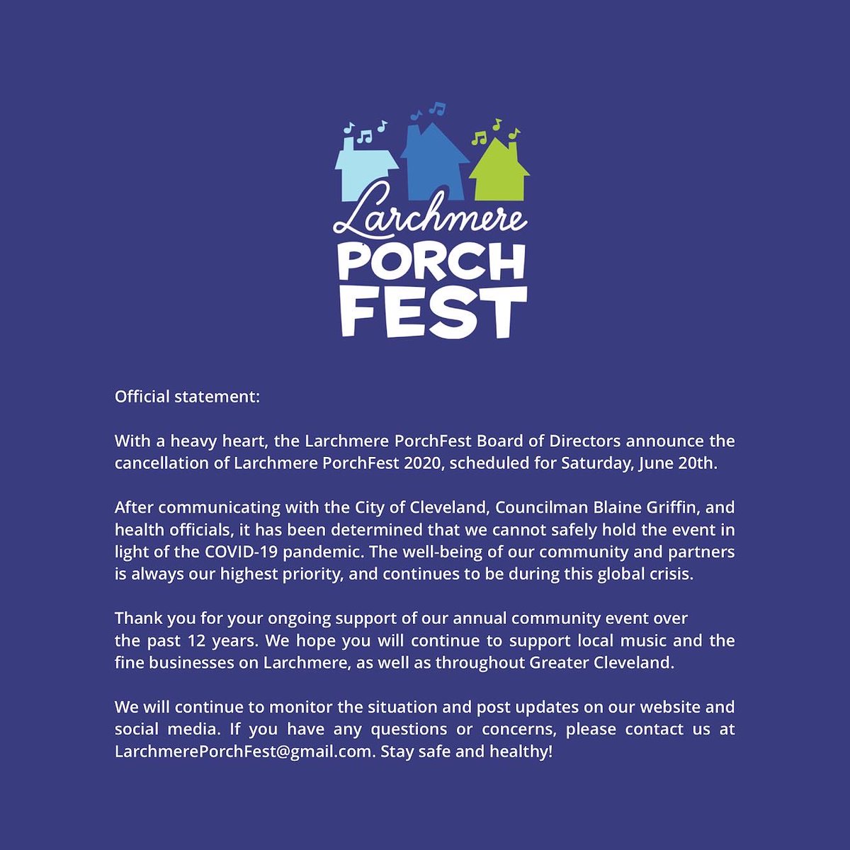Official update on Larchmere PorchFest 🏠💙