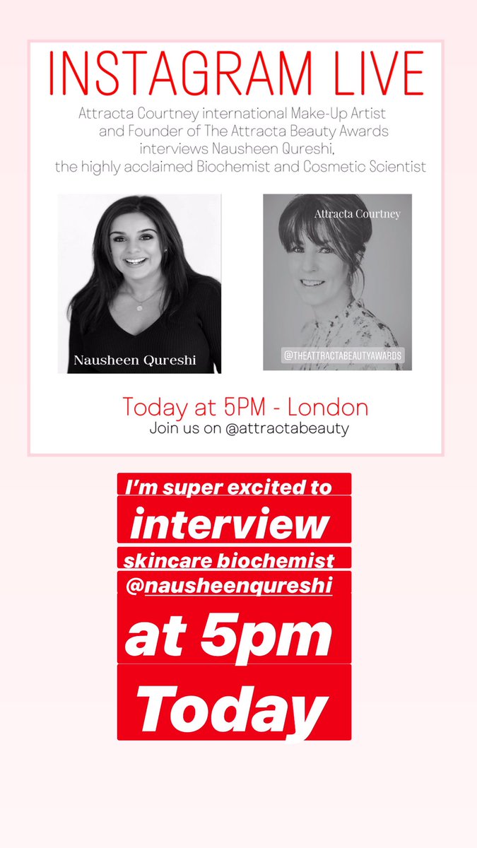 attractabeauty's tweet photo. Visit my Instagram page at 5pm Today to hear all the skincare questions I’ll be asking the super talented skincare Biochemist @NausheenQureshi #skincare #beautyinterview #beauty #live #cosmetics #Biochemistry https://t.co/Qn0bCz7vDu