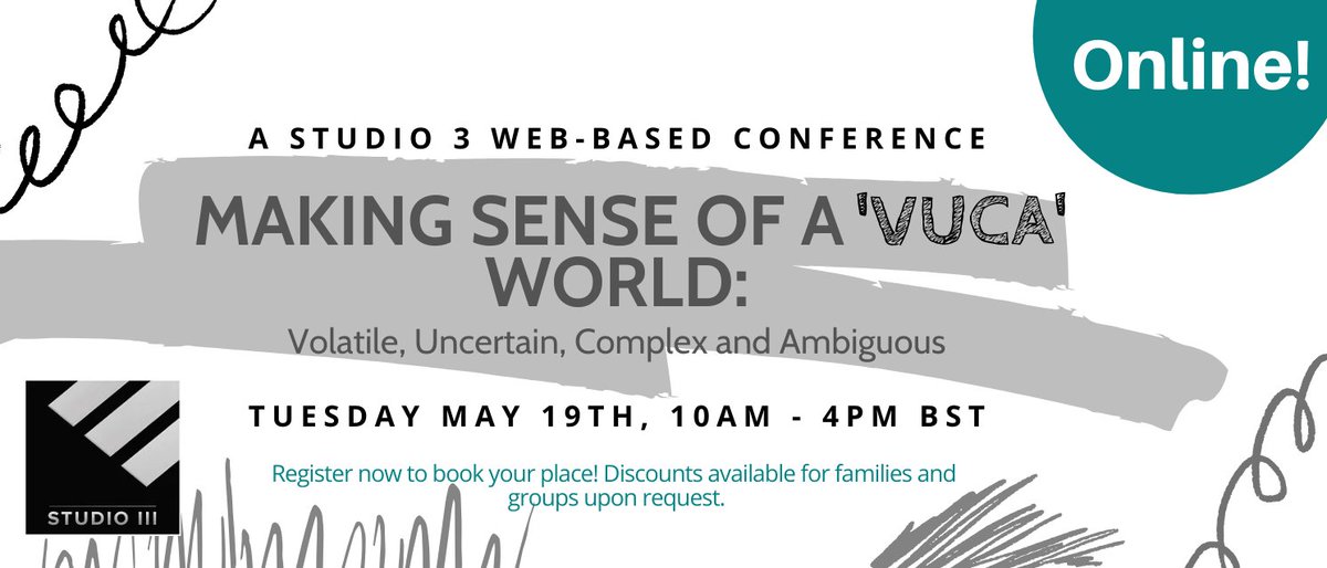 Making Sense of a 'VUCA' World - An Online Conference from Studio 3!

Sign up now for an informative day of talks on helping distressed individuals to navigate a world which can be a stressful and uncertain place, particularly now. neart2020.org/web-based-conf…
