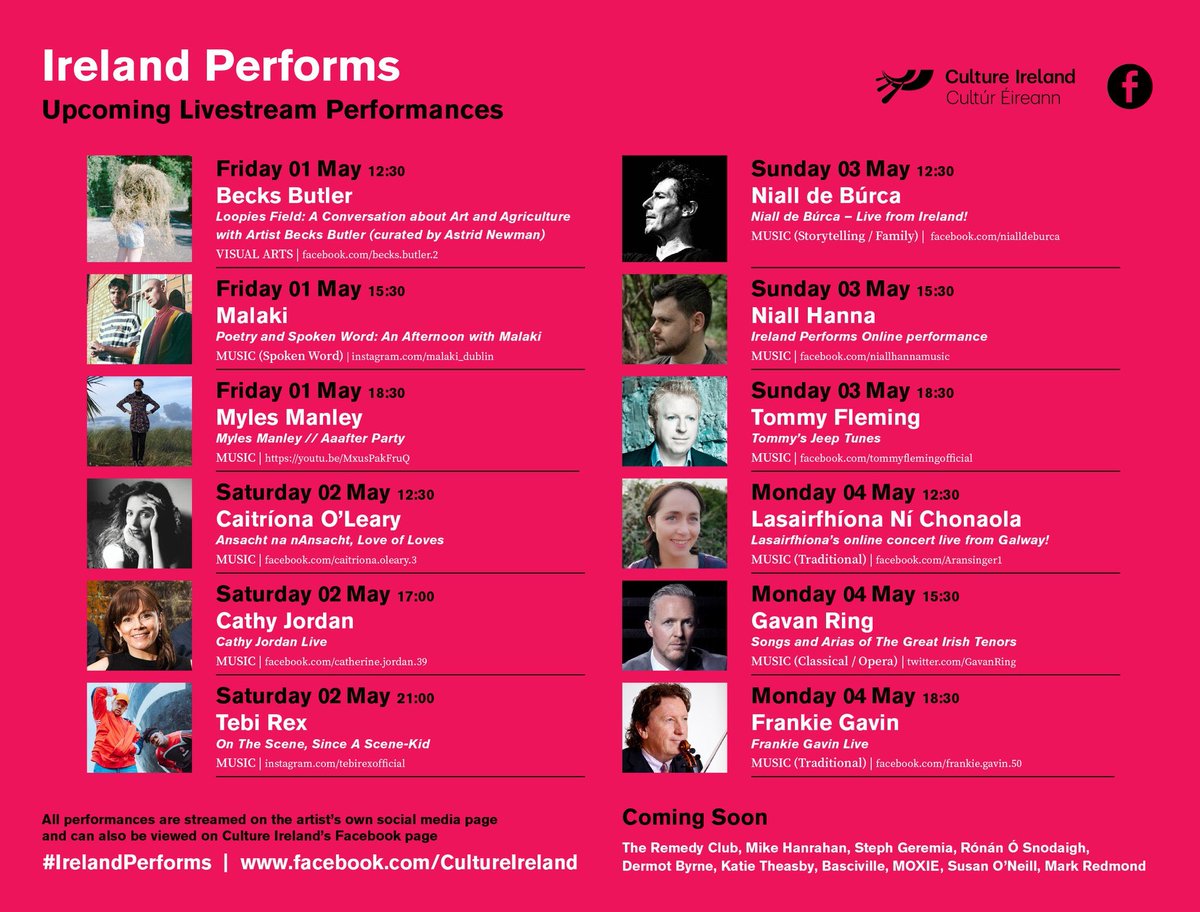 FMC_Ireland's tweet image. Friday's #IrelandPerforms acts with @culture_ireland 

facebook.com/CultureIreland/  

12.30 Becks Butler (FB)

15.30 Malaki (IG)

18.30 Myles Manley (YT)
