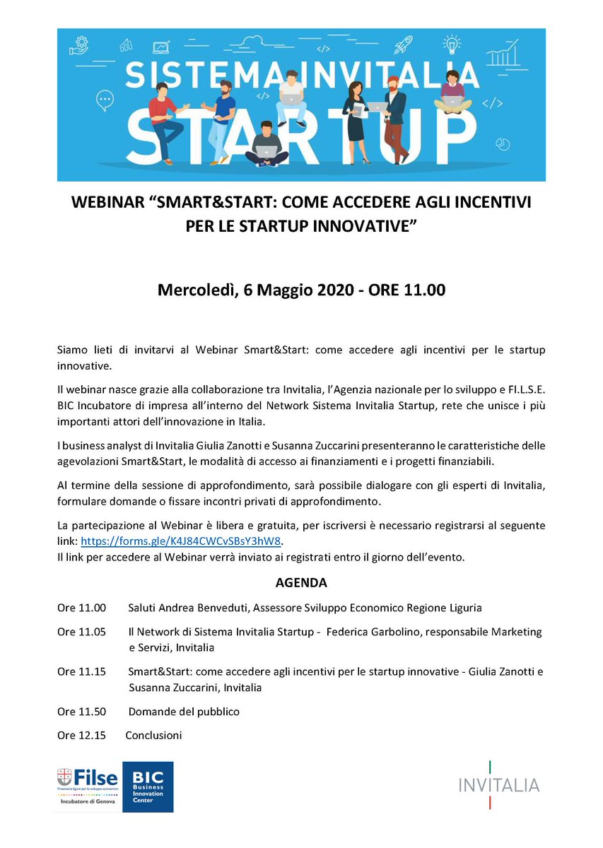Volete saperne di più sul programma <a href="/smartandstart/">smartandstartcom</a>? 
Iscrivetevi qui forms.gle/K4J84CWCvSBsY3… al webinar organizzato da @filsebic e <a href="/Invitalia/">Invitalia</a> #startup #innovazione #incubatori #idee