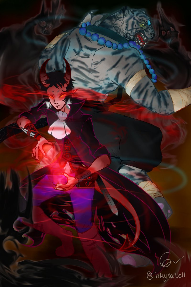 inkysatell_'s tweet photo. My piece for @BSDWriterArtist's fanzine, 'GAME ON!' 🎮🕹

Decided to make a crossover with Dungeons &amp; Dragons 🐉

Ft. Ryuu as a Tiefling Warlock, and Atsushi as a Tabaxi Monk 🔥

#dnd #dnd5e #bungoustraydogs #文豪ストレイドッグス #dungeonsanddragons #dndcrossover #shinskk #sskk https://t.co/fIjNqwCiFI