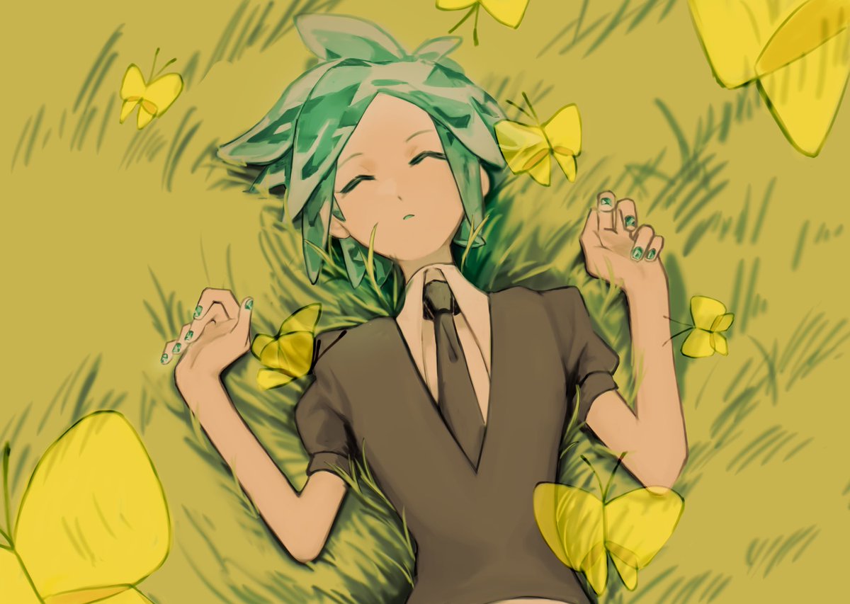 phosphophyllite androgynous 1other green hair gem uniform (houseki no kuni) necktie grass lying  illustration images