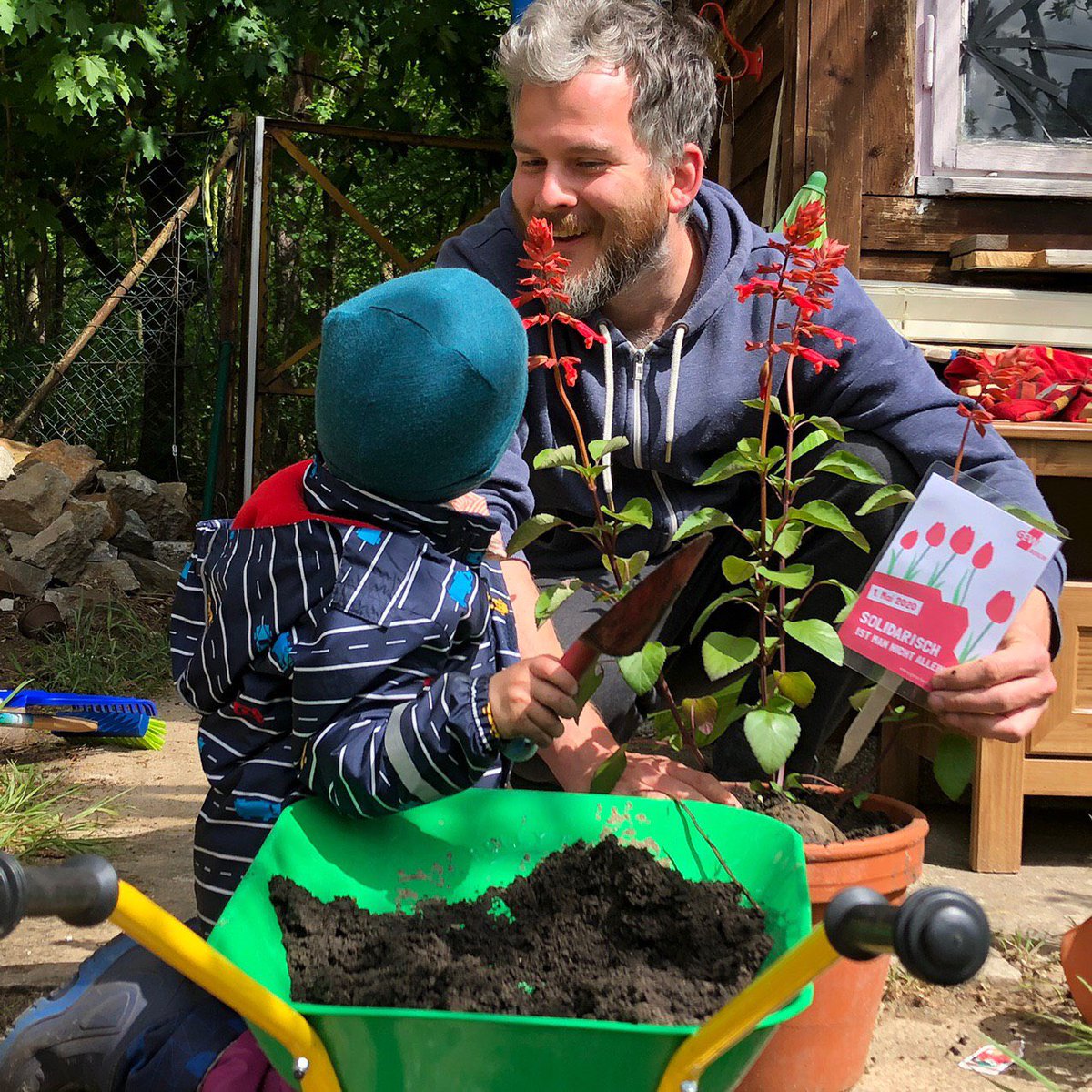 M_Hanisch's tweet photo. Solidarisch ist man nicht alleine! Wir pflanzen rote Blumen (und Feuersalbei) zum 1. Mai.  Euch allen einen schönen #ErsterMai #TagderArbeit #solidarischnichtalleine 
#RoteBlumenGEW #GEWBerlin https://t.co/8NbFe3BLcc