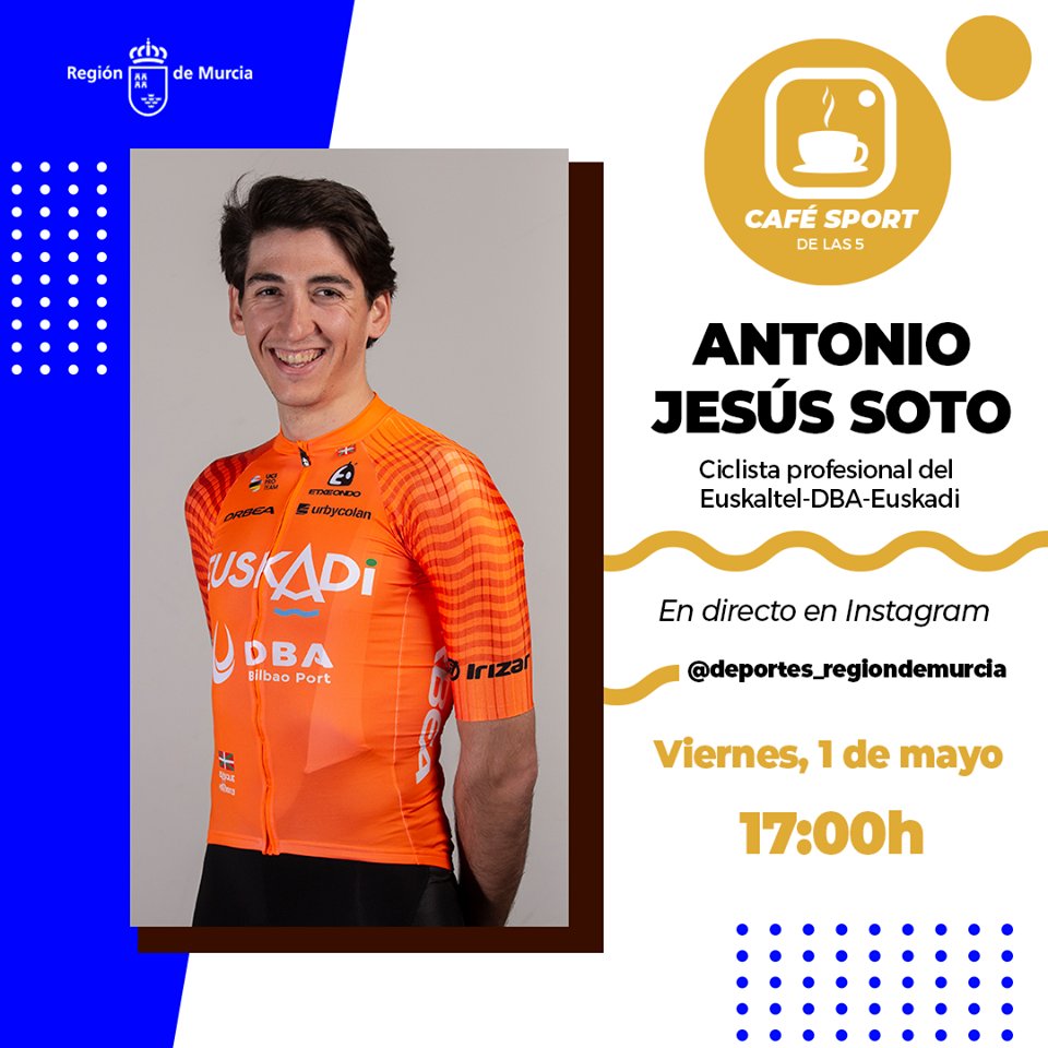 Esta tarde el ciclista de la Fundación Ciclista Euskadi, Antonio Jesús Soto Guirao estará en directo en el #CaféSportDeLas5

Sigue el directo el perfil de instagram de la Dirección General de Deportes  @deportes_regiondemurcia

#murciaciclismo #ciclismomurciano