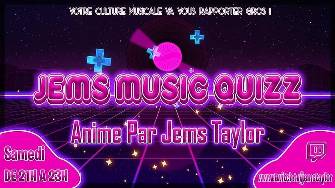 Rendez-vous Ce Samedi 02 Mai pour la Soirée Jems Music Quizz, venez en famille ou entre amis tester votre culture musicale à partir de 21H00.  En exclusivité sur l'application TWITCH via smartphone ou sur le site internet.
A partager sans modération
Twitch : jemstaylor