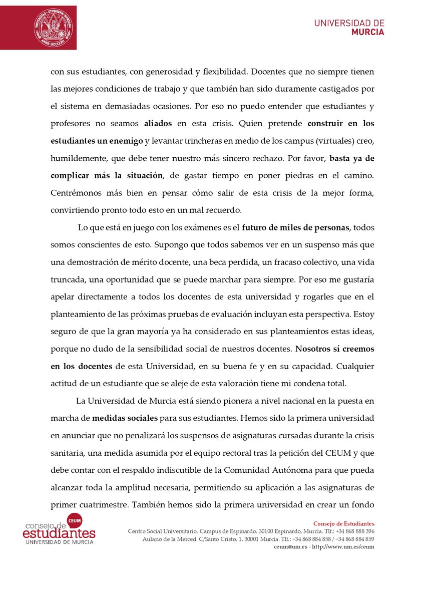 ceum_es's tweet photo. Hoy @derjota, Presidente del CEUM, dirige esta carta a la Comunidad Universitaria, dedicada a estudiantes y docentes, en la que reflexiona sobre el “estado de excepción docente” que ahora llega a un nuevo nivel con las inminentes pruebas de evaluación. https://t.co/4N5sALxnrp