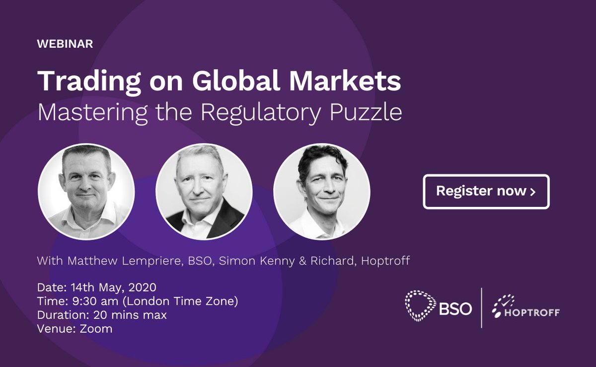 BSONetwork's tweet photo. Register today to our virtual briefing "Trading on Global Markets - Mastering the Regulatory Puzzle” in collaboration with @HoptroffT one of our partners: https://t.co/isA4C9M0Pq #webinar #tradingwithoutborders #timestamp #regulation #mifid https://t.co/z5XDRUdfG4