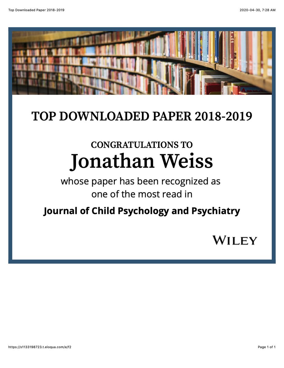 Our @ASDMentalHealth RCT on CBT for emotion regulation  was one of the most read papers in 2018-2019 <a href="/TheJCPP/">Journal of Child Psychology and Psychiatry</a>! Kudos to this lab effort <a href="/drkendrathomson/">Kendra Thomson</a> <a href="/PB_Riosa/">Priscilla Riosa</a> @victoriaeting <a href="/paulatablon/">Paula Tablon Modica (She/Her)</a> <a href="/CarlyAlbaum/">Carly Albaum</a> <a href="/andreamaughan/">Andrea Maughan</a>  and Karen Black! Kudos Friday!