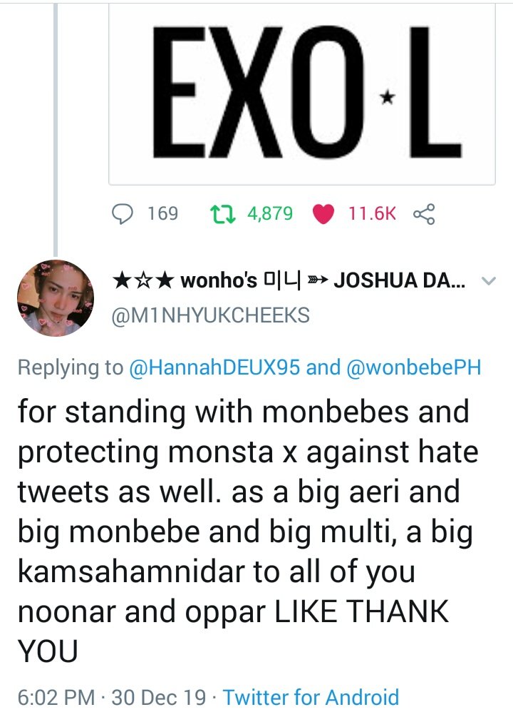 We are not Saints but yeah this Fandom have good side too, we are here for every damn person who needs help, until you Respect Exo you will have our back