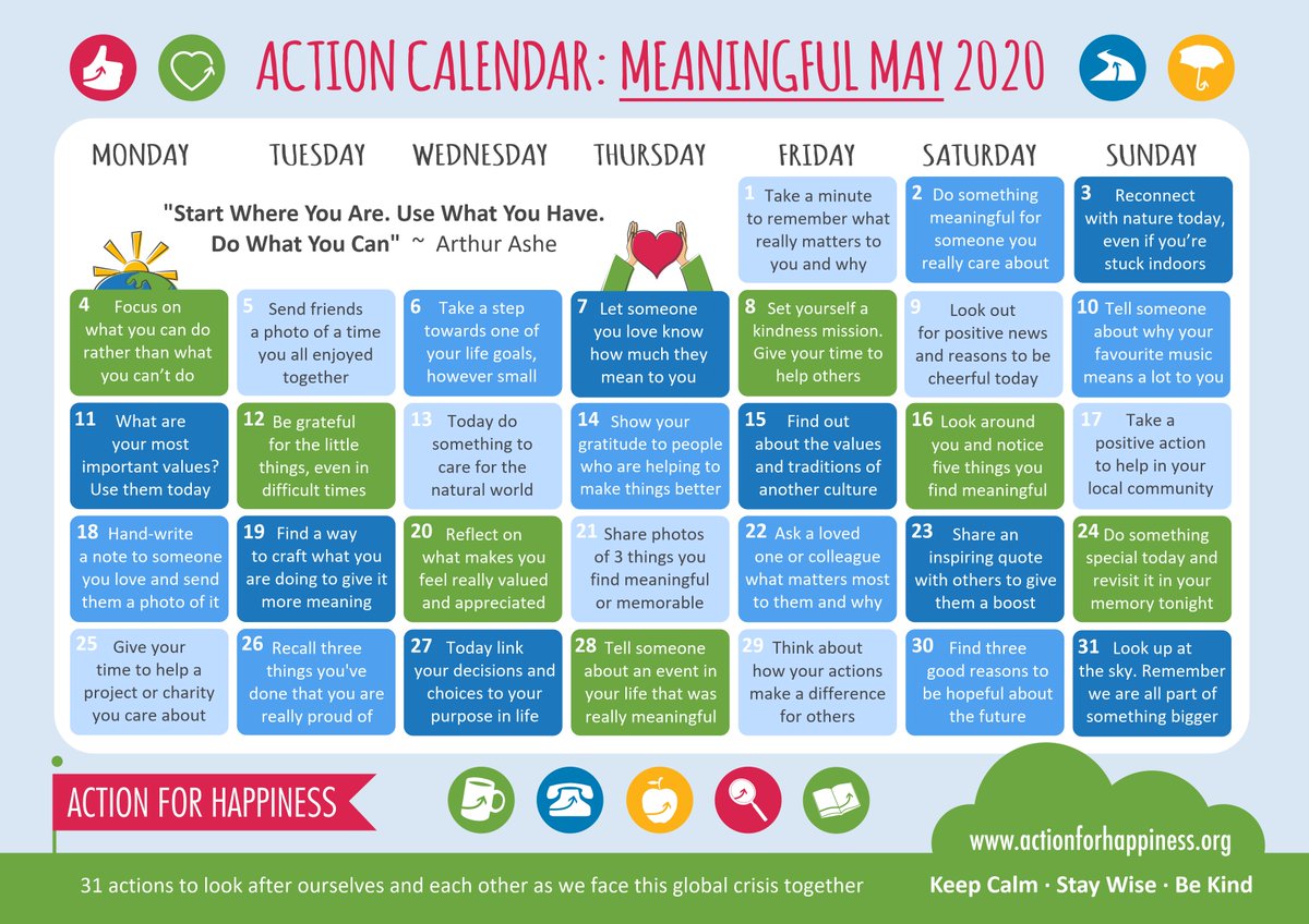 Happy Friday everyone! It's the 1st May which means a new <a href="/actionhappiness/">Action for Happiness</a> calendar and it is #MeaningfulMay 🌻 Lets use this months actions to look after ourselves and others during this unusual time!