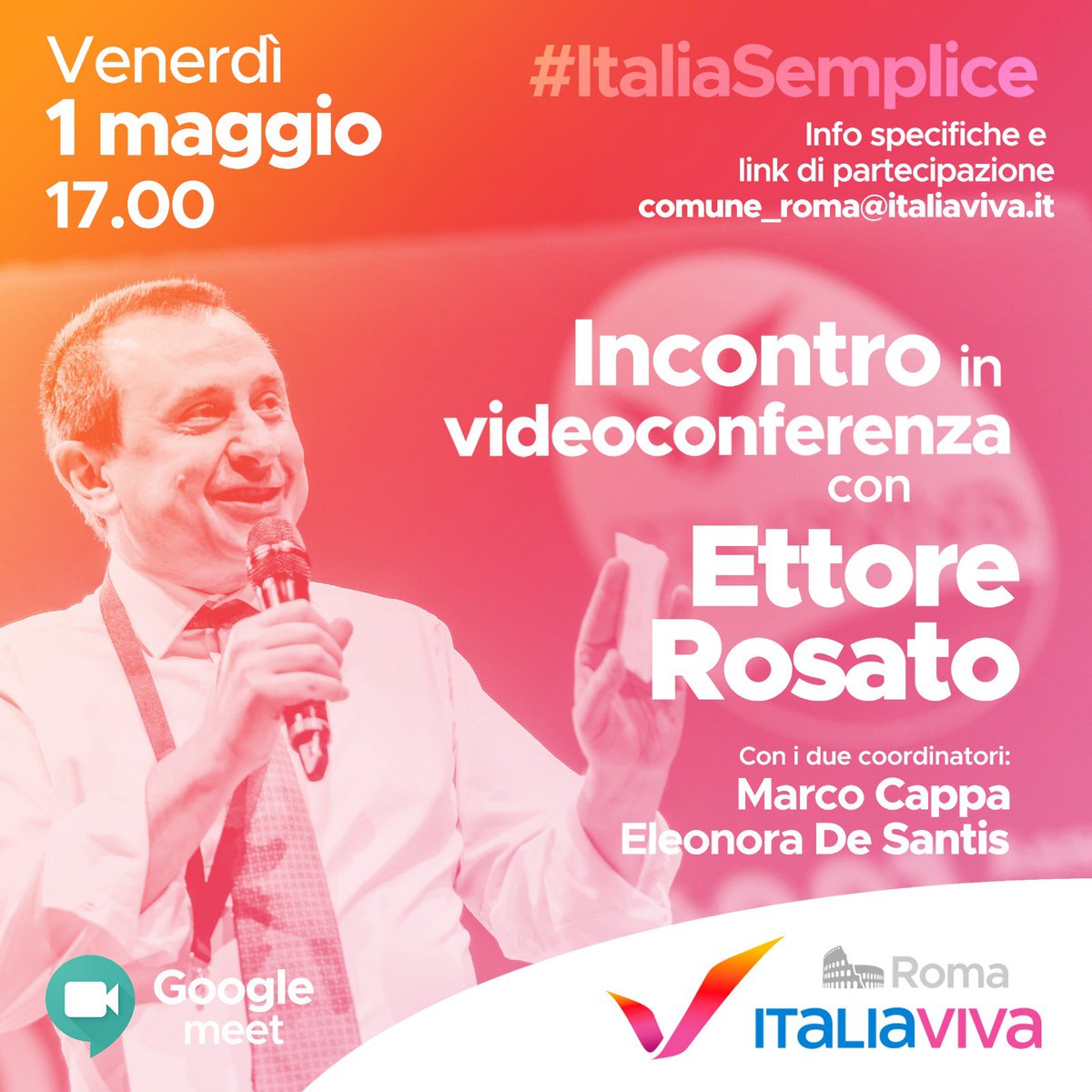 marcocappa_'s tweet photo. Oggi alle 17 videoconferenza @ItaliaVivaRoma1 con @Ettore_Rosato. 

Parleremo di #ItaliaSemplice e delle proposte di @ItaliaViva per la ripartenza nella fase 2 #coronavirus 

Per partecipare, questo il link: https://t.co/Caoiz7JCtX

#1maggio https://t.co/JXxzEurDWP