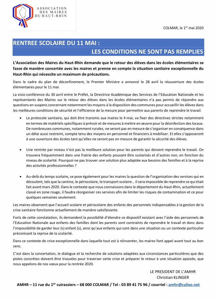 Rentrée scolaire du 11 Mai : j’apporte mon soutien aux Maires du <a href="/hautrhin/">Département Haut-Rhin</a>. Ma déclaration 👉🏻 facebook.com/1037303298/pos… #Covid19 #Alsace #rentrée