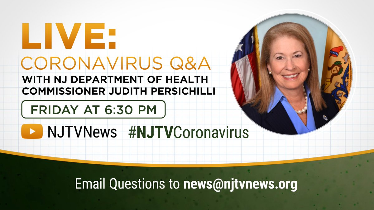 DavidCruzNJ's tweet photo. Last call for email questions for Health Commissioner #JudithPersichilli. Our LIVE CHAT is TONIGHT, 6:30pm. On ⁦@NJTVNews⁩ YouTube page. Tune in! (Log on?) https://t.co/sS9k8adOeX