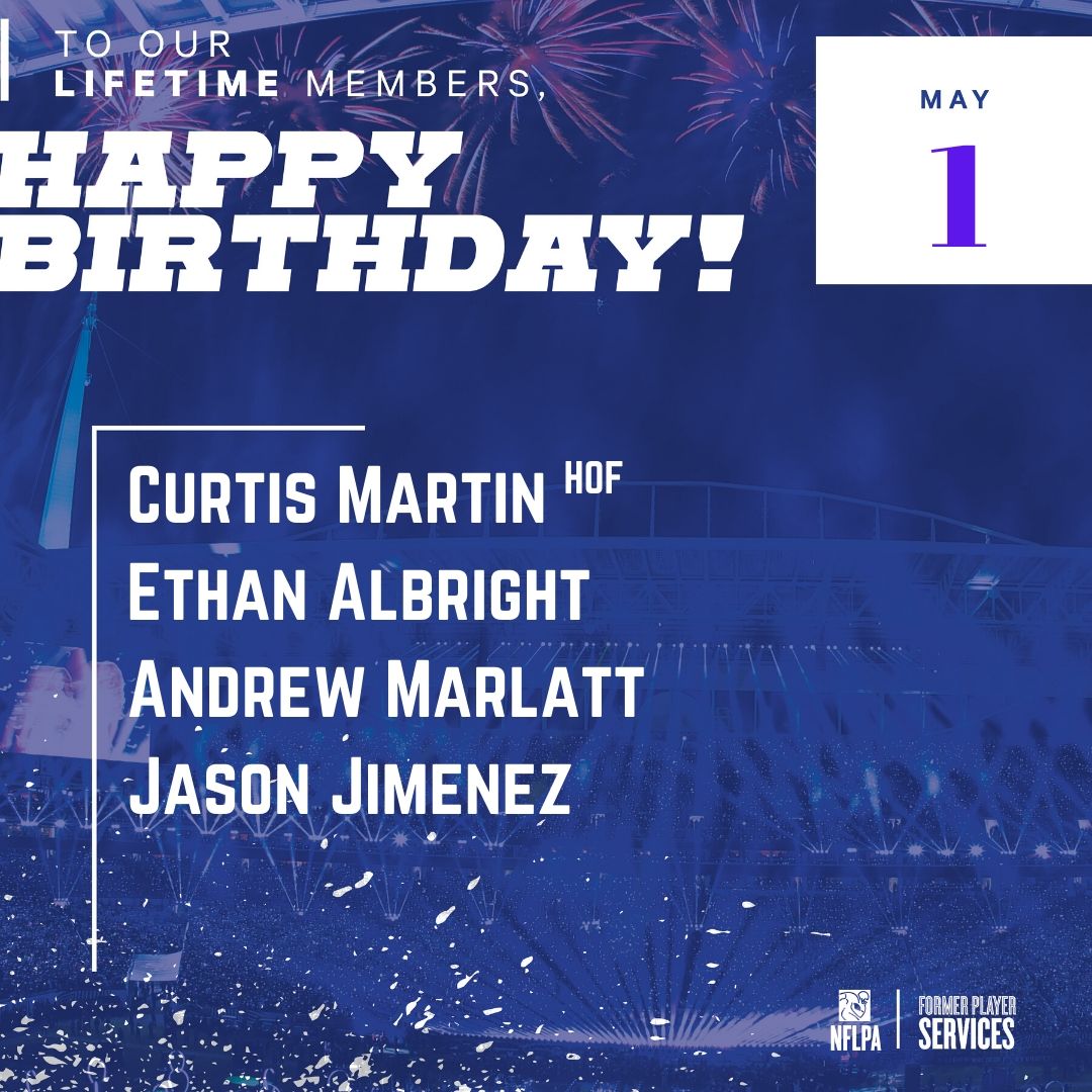 NFLPA Former Players (@nflpafmrplayers) on Twitter photo Happy birthday to our members <a href="/curtismartin/">Curtis Martin</a> <a href="/Redsnapper76/">Ethan Albright</a> <a href="/CoachMarlatt/">Coach Marlatt</a> <a href="/JasonJimenez_/">Jason Jiménez</a> <a href="/curtismartin/">Curtis Martin</a>, enjoy your day! 🎈 #nflpafraternity
Don't see your handle? Update your profile on NFLPA.com. Happy birthday to our members <a href="/curtismartin/">Curtis Martin</a> <a href="/Redsnapper76/">Ethan Albright</a> <a href="/CoachMarlatt/">Coach Marlatt</a> <a href="/JasonJimenez_/">Jason Jiménez</a> <a href="/curtismartin/">Curtis Martin</a>, enjoy your day! 🎈 #nflpafraternity
Don't see your handle? Update your profile on NFLPA.com.