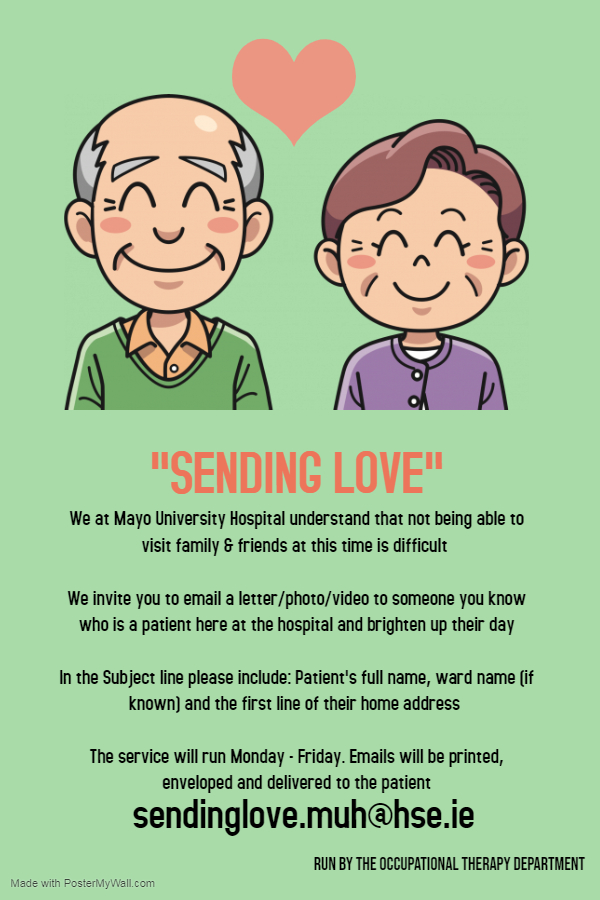 HSELive's tweet photo. Mayo University Hospital are inviting people to send emails/photos to their families and friends who are in hospital. It’s hard not being able to have visitors at this time and we want to help brighten their day. Thanks to @royaldonnybrook for the idea! #sendinglove #Covid_19 https://t.co/odJxvZ3qEz