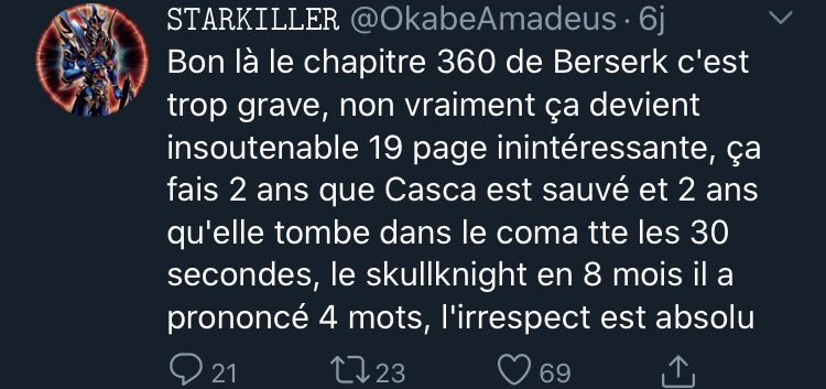 FC Berserk:-90% de la commu a deserté-Les seuls qui persistent c’est les Twittos qui veulent pas perdre leurs abonnés -Se contentent des miettes que Miura leur jette tous les 14 moiset repartent hiberner pendant quelques mois-Ils sont tous frustrés-Griffith est gay imo