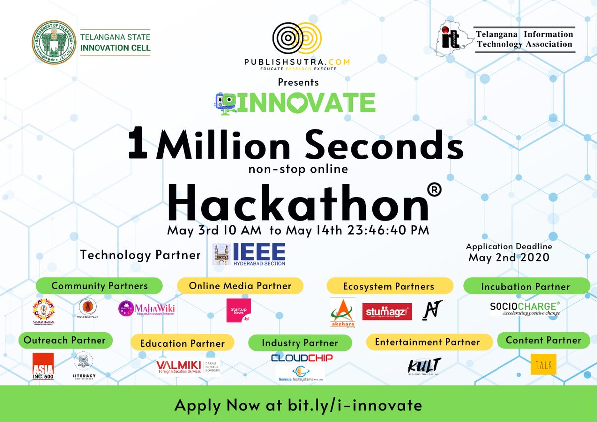 teamTGIC's tweet photo. I-Innovate is India's first 1 Million Seconds Non-Stop Online Hackathon ever conducted by @publishsutra supported by @teamTSIC &amp; @TelanganaIT. Solve a problem pertaining around you by hackathon beginning on 3rd May. Register at https://t.co/qW0s3EKsAR by May 2nd. @jayesh_ranjan https://t.co/CQT7wveDbY