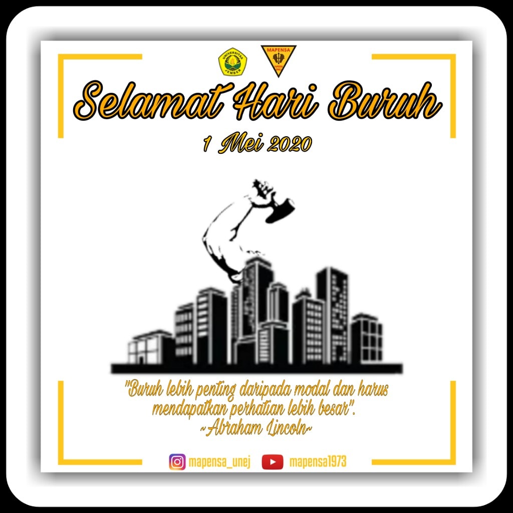 Selamat Hari Buruh Sedunia,
1 Mei 2020

"Selamat Hari Buruh Internasional 2020. Semoga para pekerja di Indonesia semakin produktif, kompetitif, dan sejahtera ".🌱

_______________
#SalamLestari
#MAPENSASAMPEKTUWEK
#StayAtHome