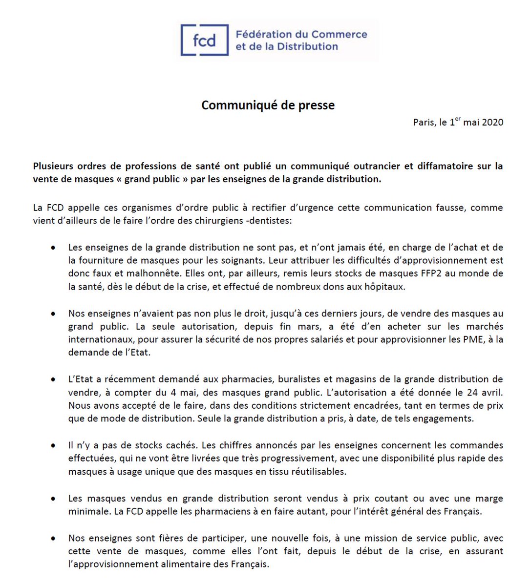 [Communiqué de presse] En réponse à la communication récente de certains ordres de professions de santé sur la vente de masques "grand public" par les enseignes de la grande distribution.
