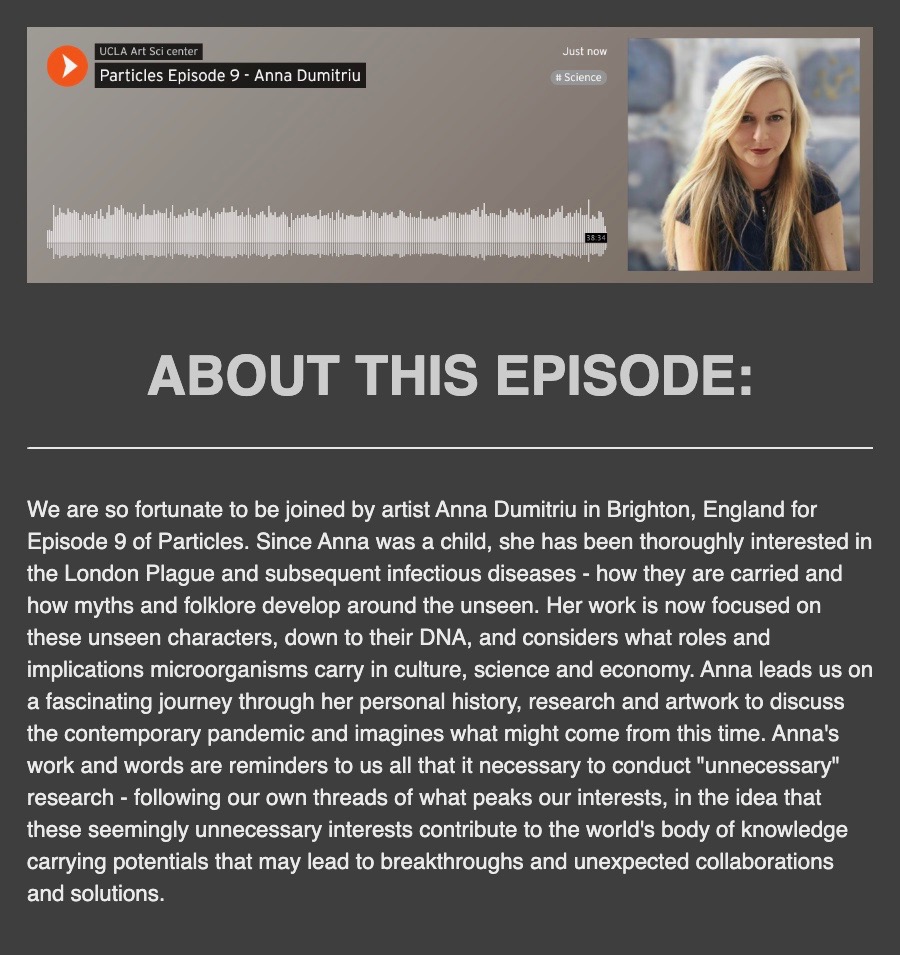 AnnaDumitriu's tweet photo. Honoured to be interviewed by 
@vivesna in this new podcast for the Particles series by the Art|Sci Center @UCLA. @uclartsci @BSMSMedSchool #BDHOpenWide https://t.co/zalnrEkjhL #BioArt #Fridaythoughts https://t.co/LYEiAgdobX