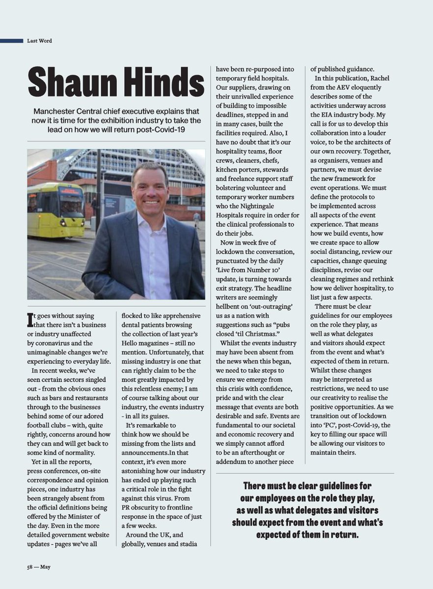 Shaun Hinds (@shaunhinds) on Twitter photo A piece I wrote for <a href="/ExhibitionNews/">Exhibition News</a> advocating a safe standards approach to resuming organised events. In addition, working hard with @AEVnews <a href="/aeonews/">AEO</a> and <a href="/ESSAnews/">ESSA</a> on briefing @bvep_uk and in turn <a href="/DCMS/">Department for Culture, Media and Sport</a>. Our <a href="/mcr_central/">Manchester Central</a> framework already drafted and with clients for comment. A piece I wrote for <a href="/ExhibitionNews/">Exhibition News</a> advocating a safe standards approach to resuming organised events. In addition, working hard with @AEVnews <a href="/aeonews/">AEO</a> and <a href="/ESSAnews/">ESSA</a> on briefing @bvep_uk and in turn <a href="/DCMS/">Department for Culture, Media and Sport</a>. Our <a href="/mcr_central/">Manchester Central</a> framework already drafted and with clients for comment.