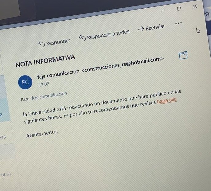 Múltiples estudiantes de la facultad de Comunicación estan recibiendo este correo. NO hagáis clic. Son correos de phishing disfrazados malamente de mensaje corporativo.