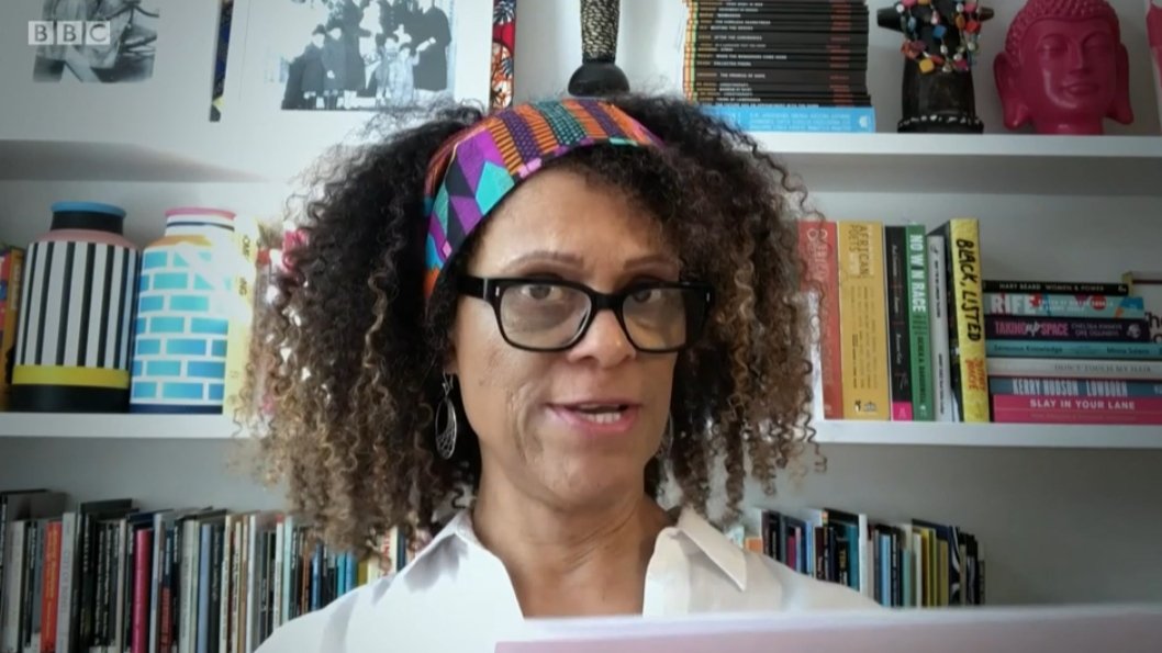 BCredibility's tweet photo. Bernardine Evaristo. A Booker winner in front of a bookcase is a devastating power move that creates a feedback loop of credibility. It's as if Louis Pasteur sat in a bath of milk in a world where people were impressed by milk. https://t.co/3FpMnxghJ3
