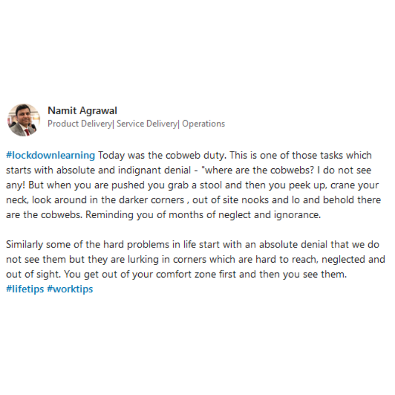 Srijan's tweet image. Nothing can stop you from learning even if you are in lockdown! One such example is given by @namitagrawal, Delivery Director, who shares his #lockdownlearning story. 

what are your learnings? 
 
#WorkFunHome #LearnAtHome #WorkTips #TimeManagment