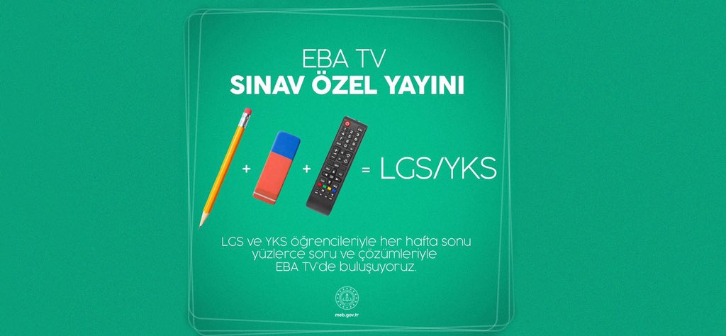 TRT EBA TV’de LGS ve YKS Hazırlık Öğrencilerine Özel Yayın 

Liselere Geçiş Sistemi kapsamındaki merkezi sınava ve Yükseköğretim Kurumları Sınavı’na hazırlık yapan 8. ve 12. sınıflar için haftada 37 saate varan canlı ders uygulaması başlatıldı.

Haber👉🏻 bit.ly/2KS6oqS