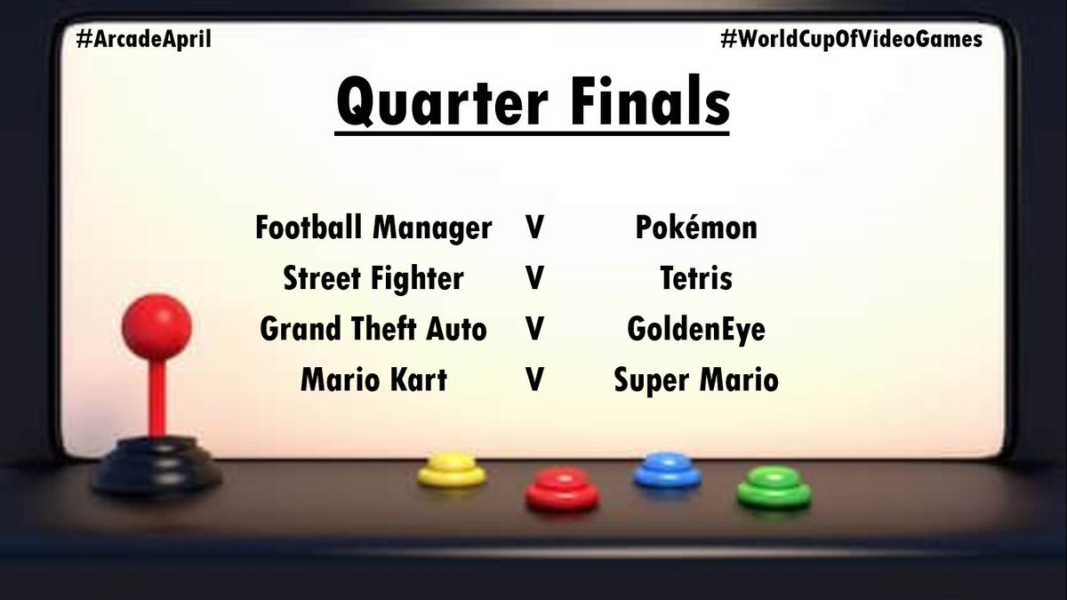 MrS_Primary's tweet photo. Apologies. We're back after a massive balls up.
It's time for our #ArcadeApril #WorldCupOfVideoGames quarter finals. Pretty much no easy choices now (as if there were any before๐).
Random draw. Straight knockout. T hours. Do your thing! https://t.co/lRVN174u5k https://t.co/7F4ZtBIjR3