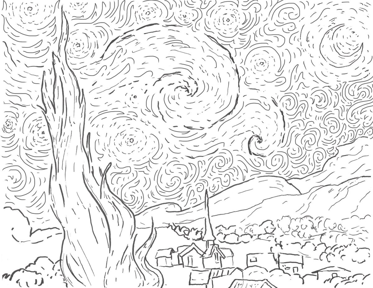 OysterStudios's tweet photo. We wanted to join the #Stayincolourin challenge, so here’s a drawing of The Starry Night created by one of our talented designers. Just download the file and colour! Please send us your finished examples via info@oysterstudios.com https://t.co/pqgjTTiJBo
