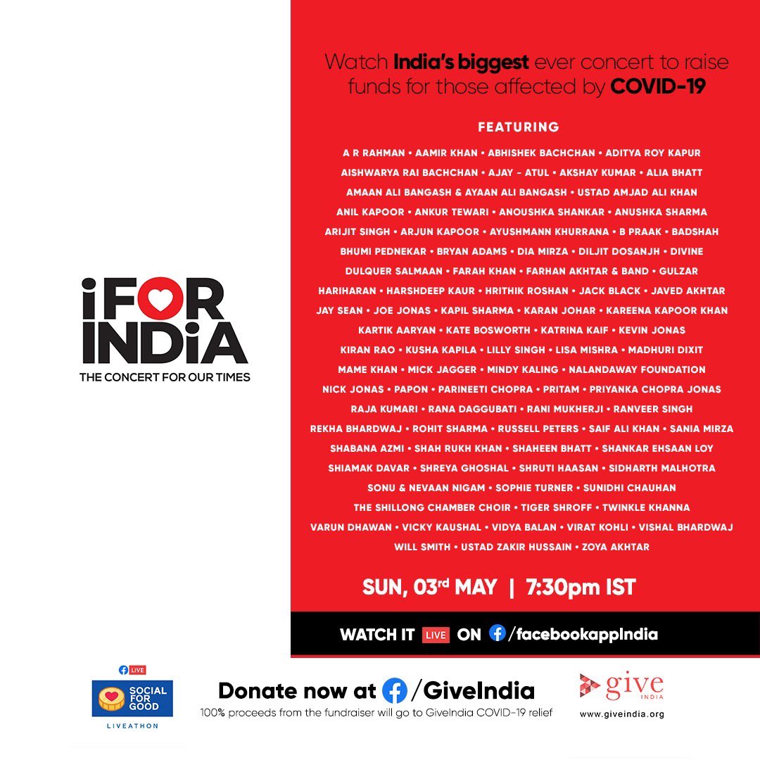 #IFORINDIA, the concert for our times. 3rd May, 7:30pm IST. Watch it LIVE worldwide on Facebook. 100% of proceeds go to the India COVID Response Fund set up by <a href="/GiveIndia/">Give</a>
Tune in - Facebook.com/facebookappind… 
Donate now - fb.me/IforIndiaFundr…
Do your bit. #SocialForGood